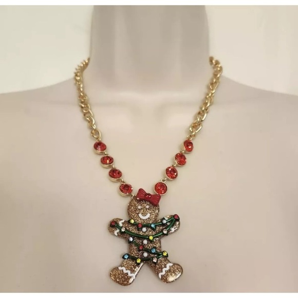 BETSEY JOHNSON SET Christmas Gingerbread in Lights Earrings Necklace Brooch NWT - Picture 6 of 16